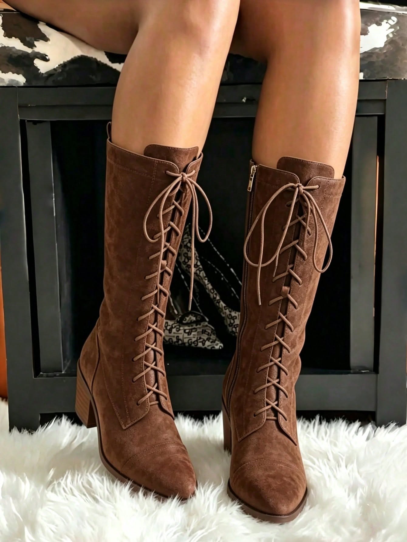 Casual Brown Faux Suede Mid-calf Boots — Lace-up Front, Pointed Toe