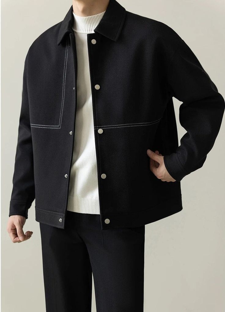 minimalist black shacket — white contrast stitching, silver snap buttons, spread collar, dropped shoulders