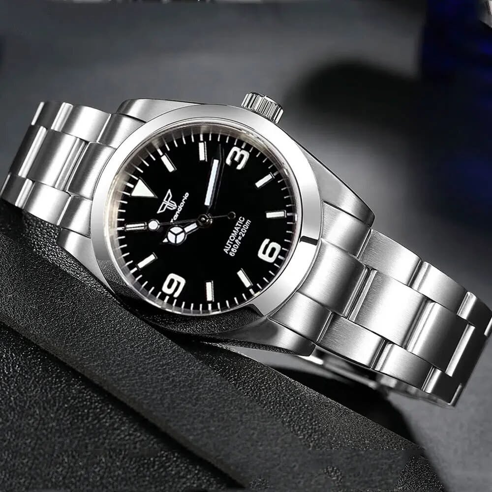 Tandorio silver and black watch — automatic movement, black dial, luminous markers, explorer-style numerals, brushed stainless steel bracelet, smooth bezel, screw-down crown, 200m water resistance