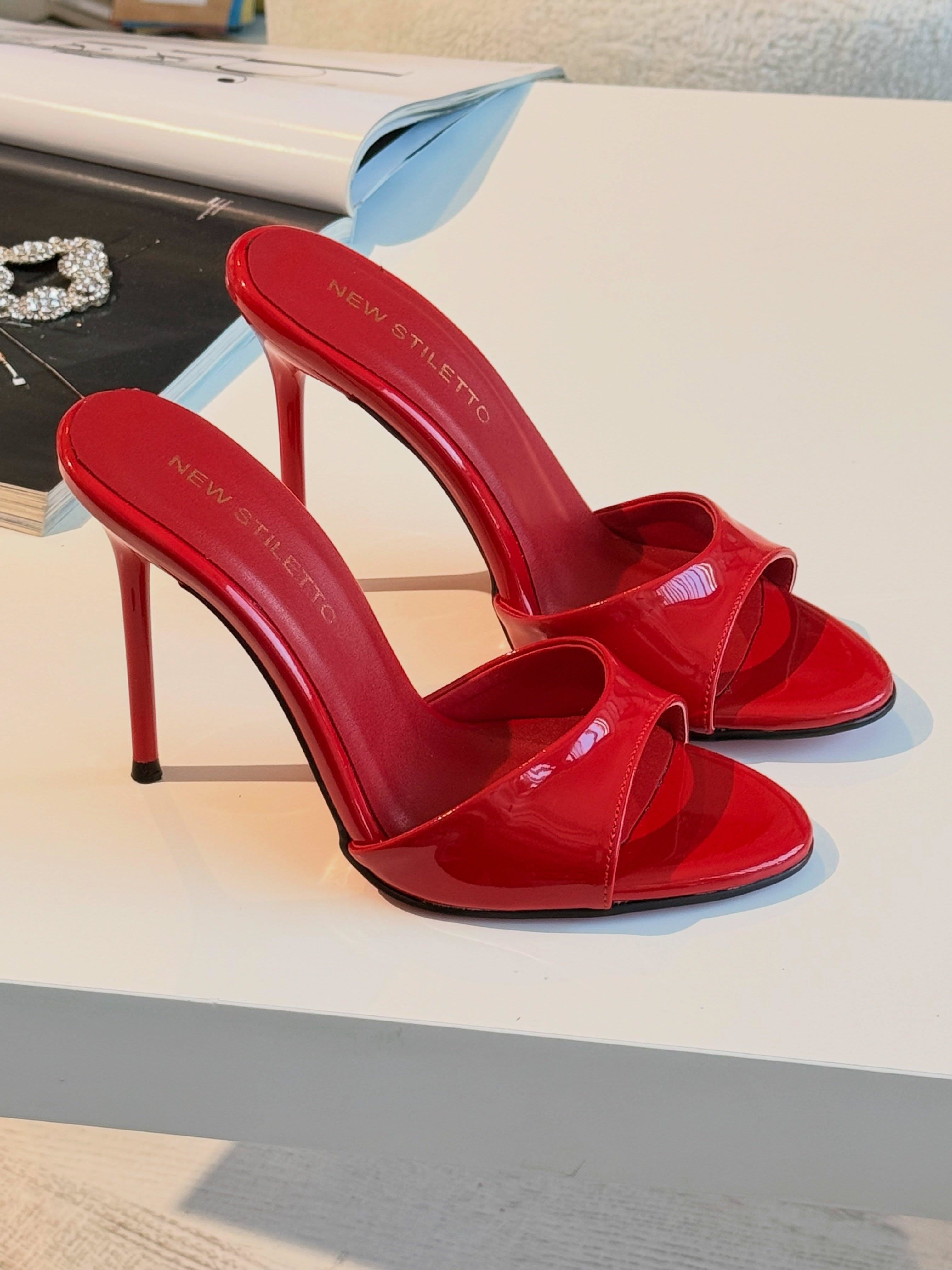 New Stiletto Bright Red Heels — Open Toe, Slide Mule Style, Thin High