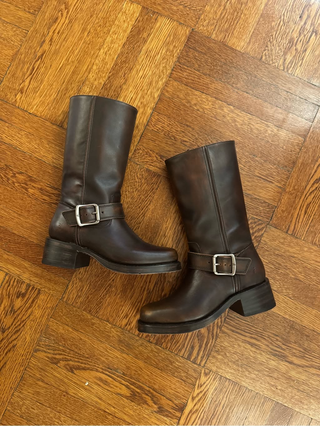 Frye Dark Brown Mid-calf Boots — Silver Buckle Strap at Ankle, Low