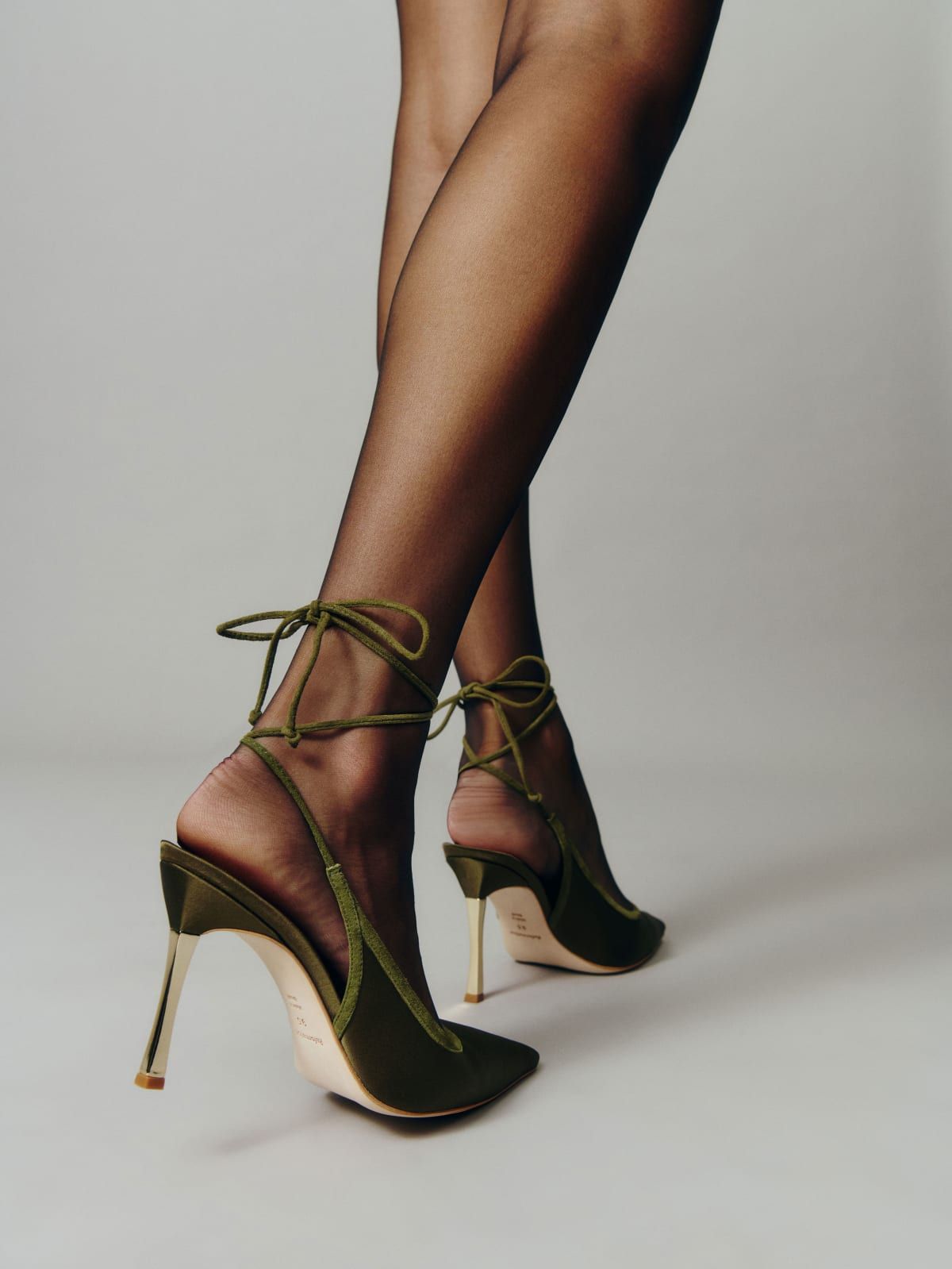Reformation Olive Green Heeled Pump — Ankle Tie Straps, Metallic