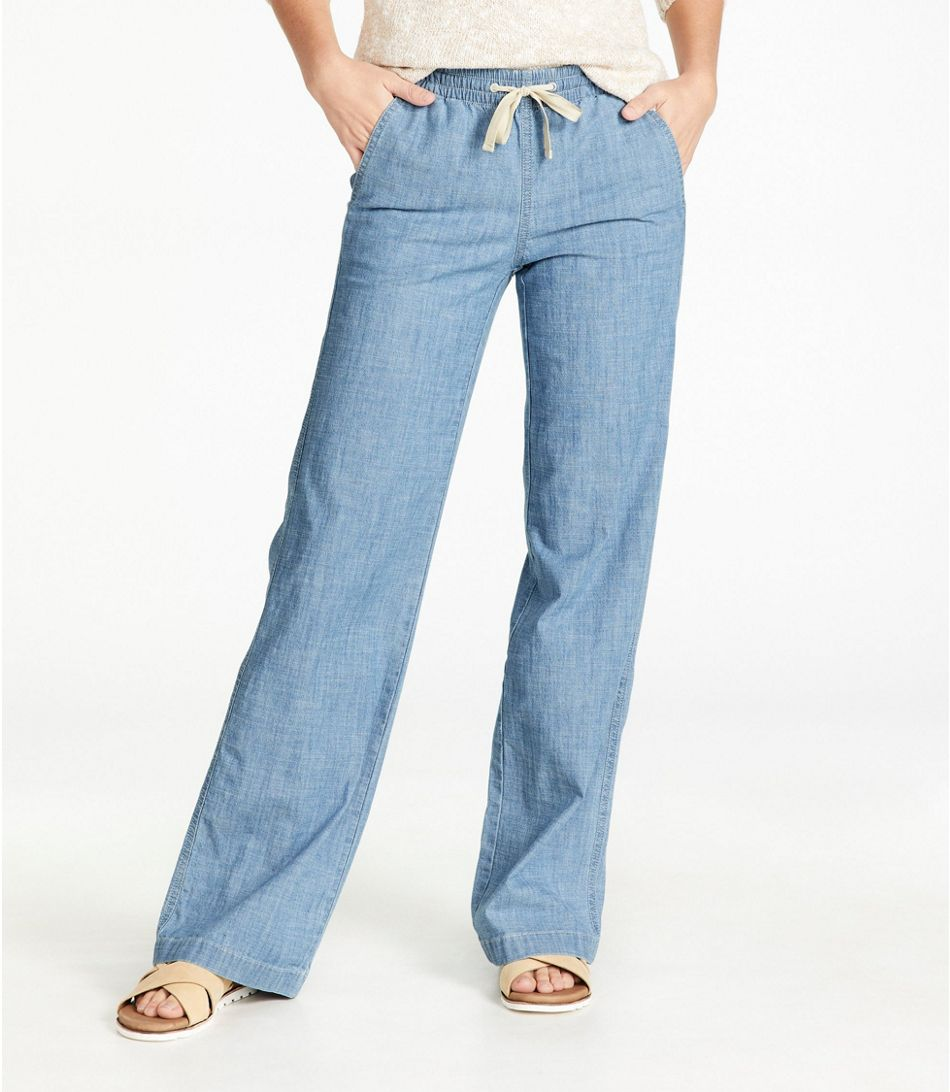 casual light blue pants — elastic drawstring waist, side slash pockets