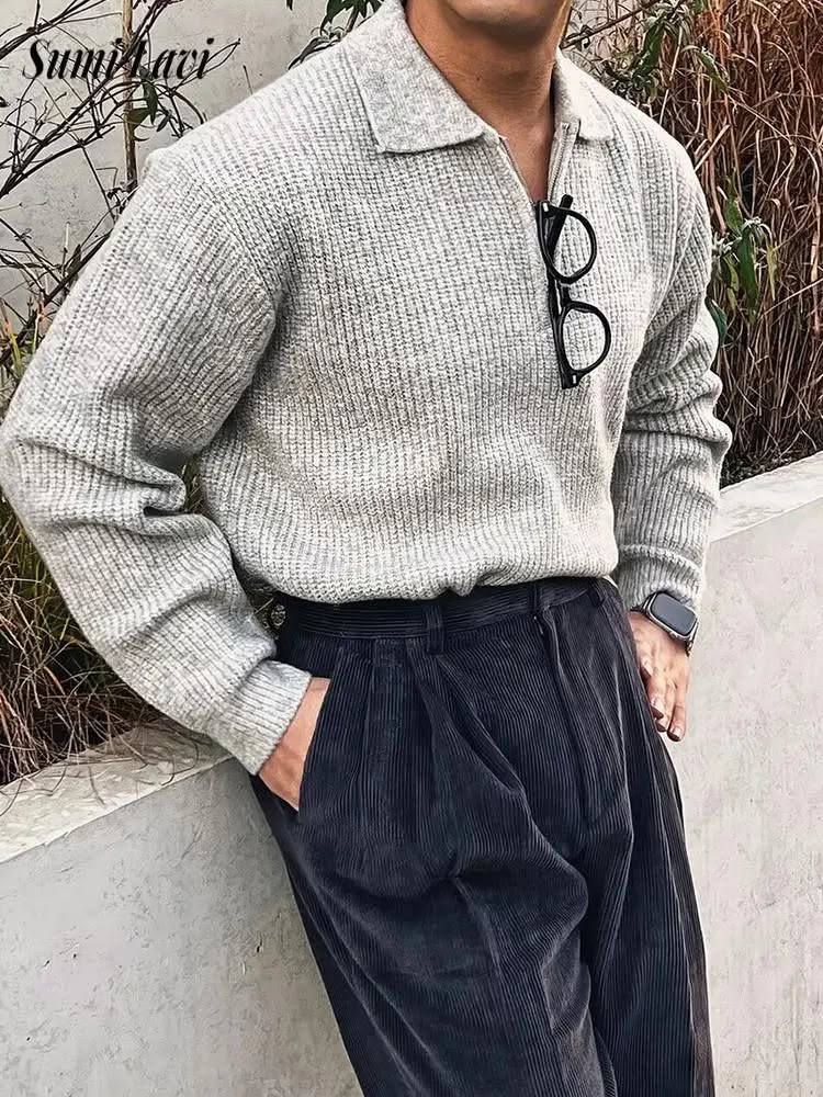 Streetwear Light Grey Polo Sweater — Quarter Zip, Polo Collar, Ribbed