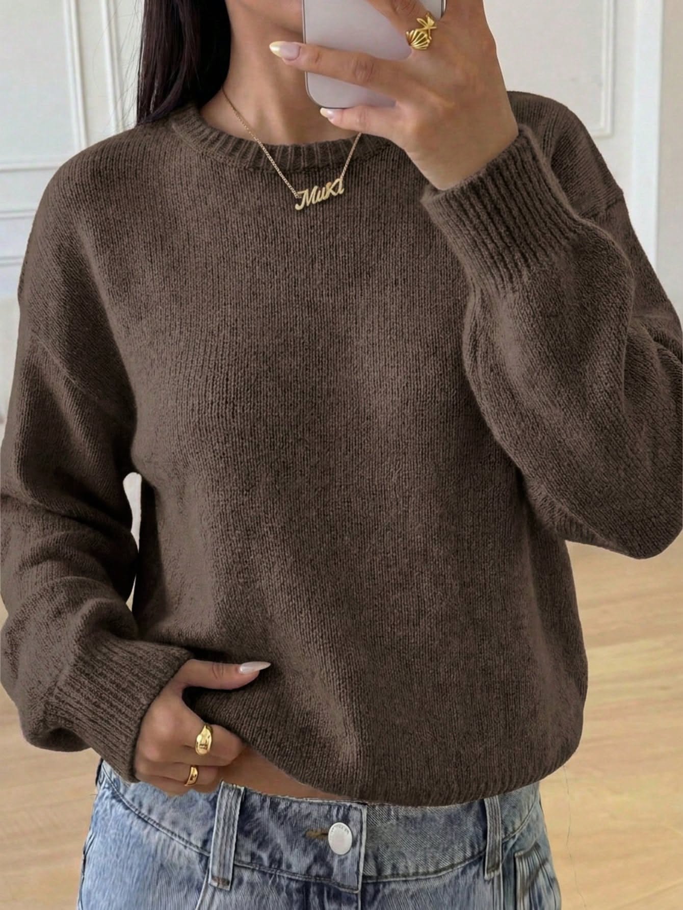 Casual Brown Sweater — Crew Neckline, Long Sleeves, Ribbed Cuffs