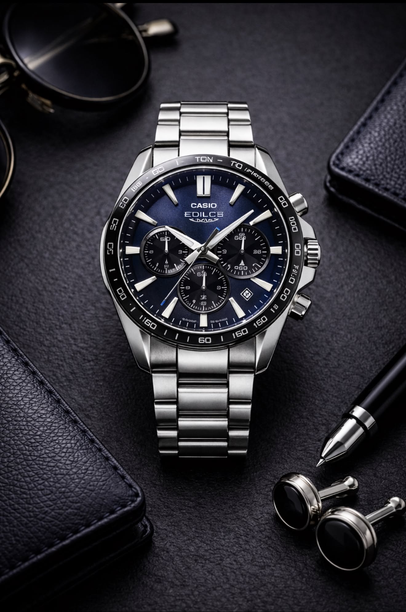 Casio Edifice silver and blue chronograph watch — round case, blue sunray dial, three subdials, date window, silver-tone hour markers, tachymeter bezel, link bracelet, push-pull crown, two pushers