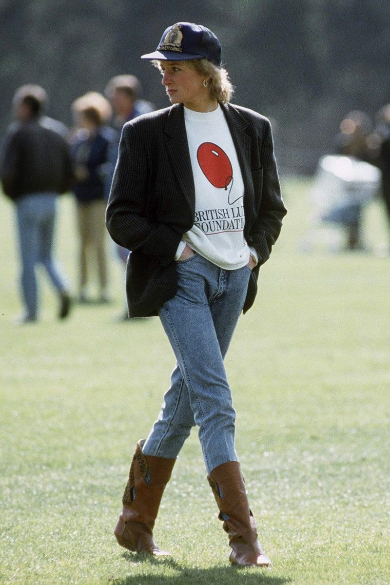 Princess Diana dark grey blazer — single-breasted, notched lapel, two-button closure, flap pockets, structured shoulders