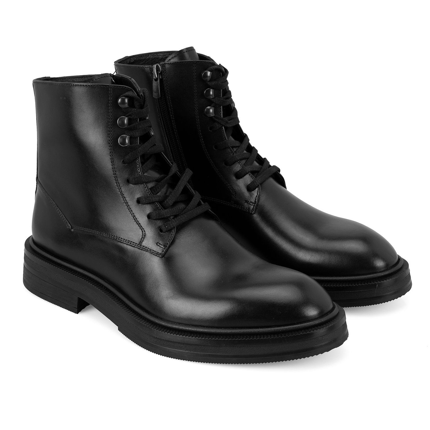 Casual black boots — lace-up front, side zipper closure, lug sole, round toe, metal eyelets