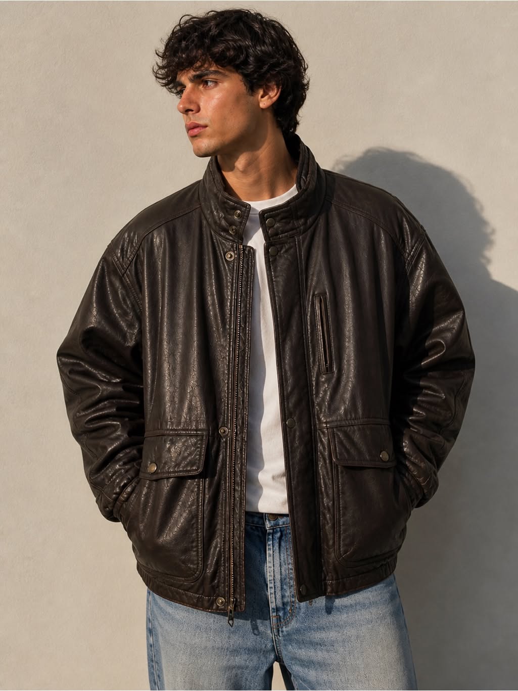 casual dark brown bomber jacket — stand collar, full zip closure, snap button placket, flap pockets, ribbed cuffs and hem, vertical chest pocket