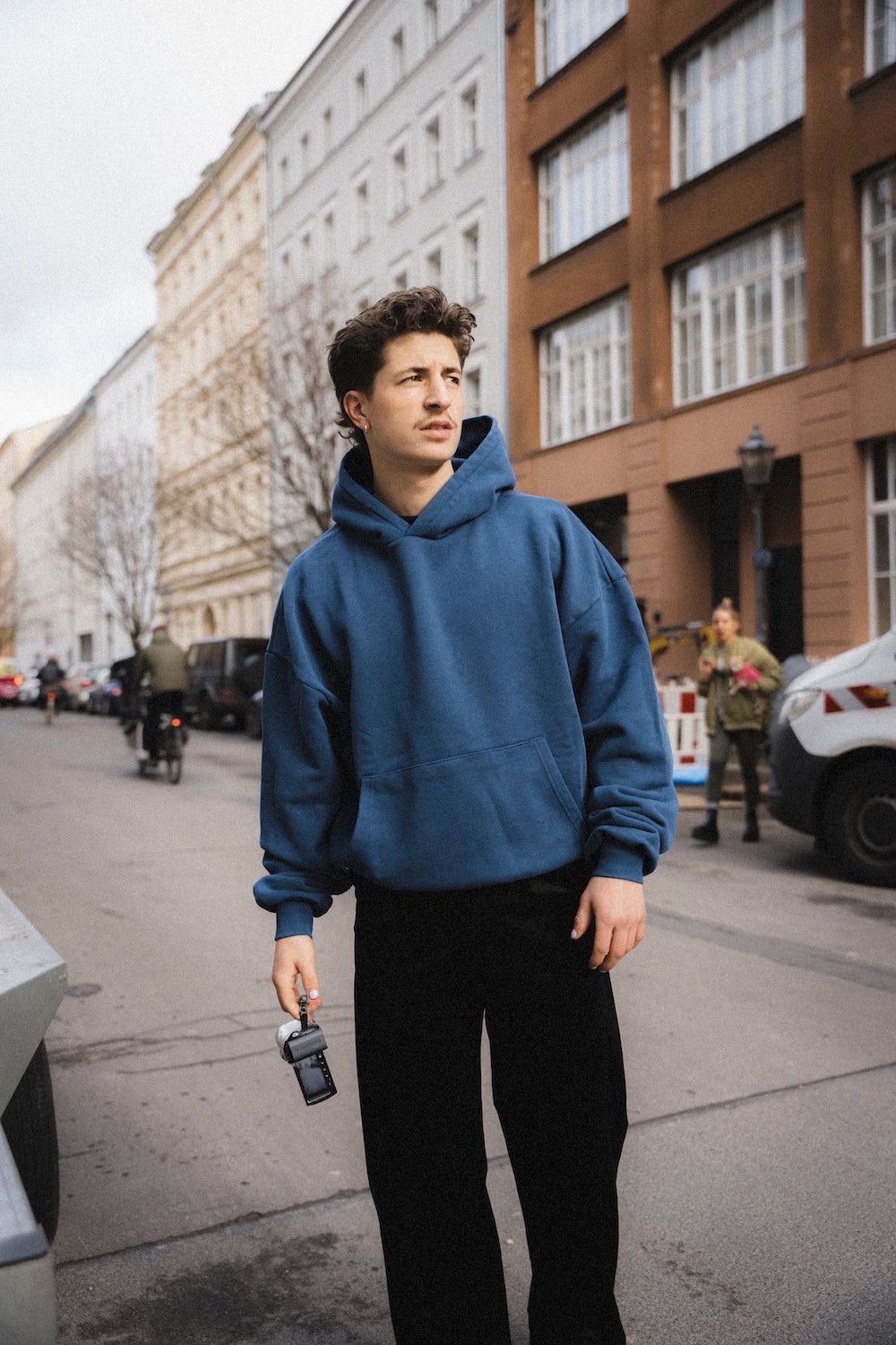 casual deep blue hoodie — drawstring hood, kangaroo pocket, dropped shoulders, ribbed cuffs and hem