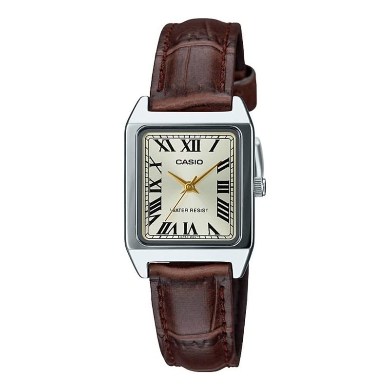 Casio silver case, cream dial, brown strap wrist watch — rectangular case, Roman numeral hour markers, analog display, crocodile embossed leather strap