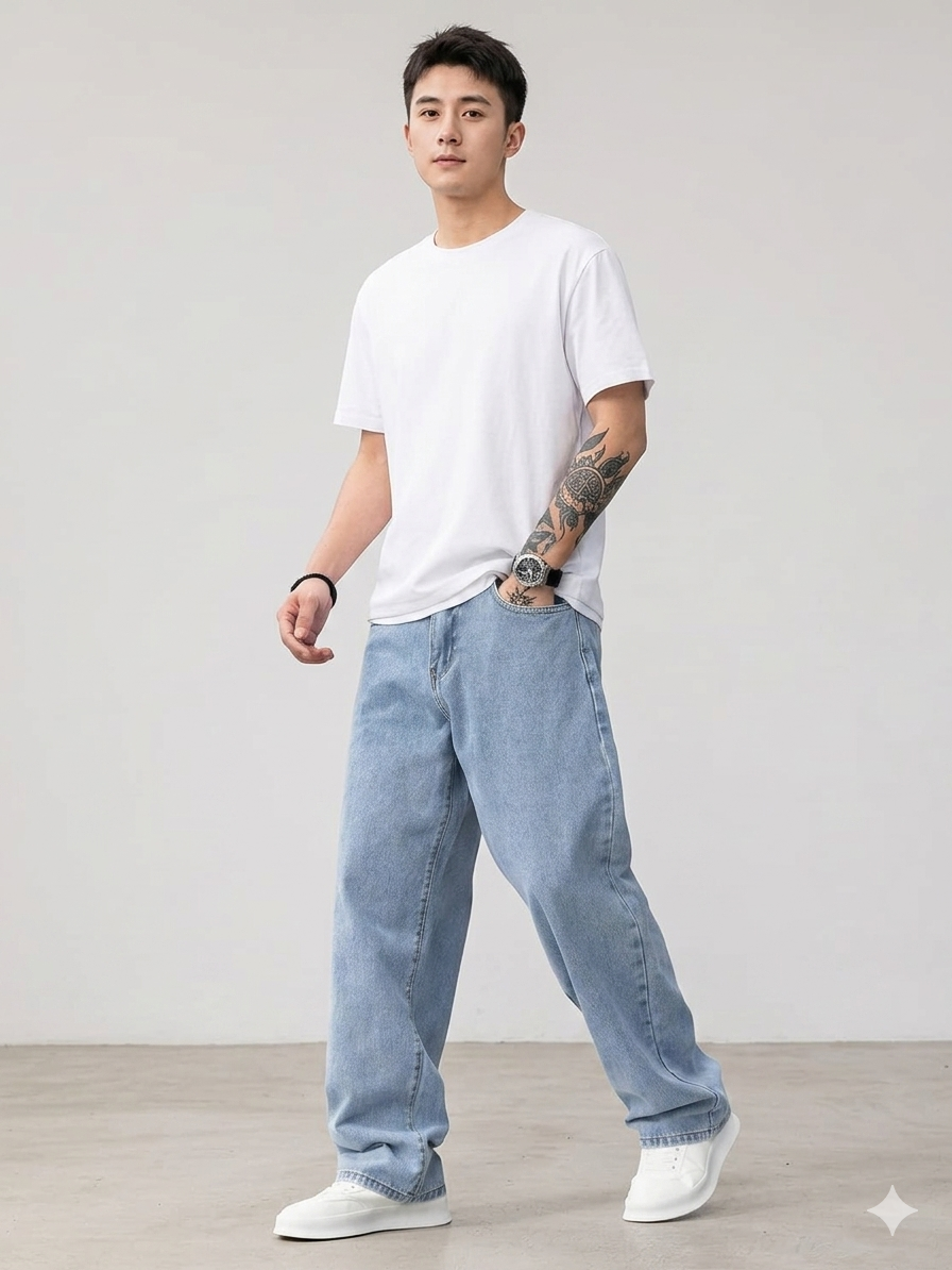 casual light wash blue jeans — mid-rise, wide leg, five-pocket style