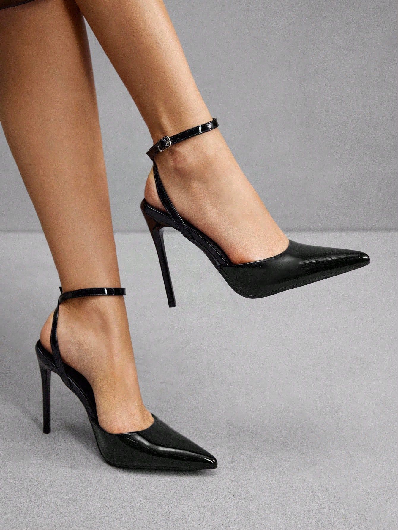 Elegant Black Patent High Heels — Ankle Strap with Buckle Closure