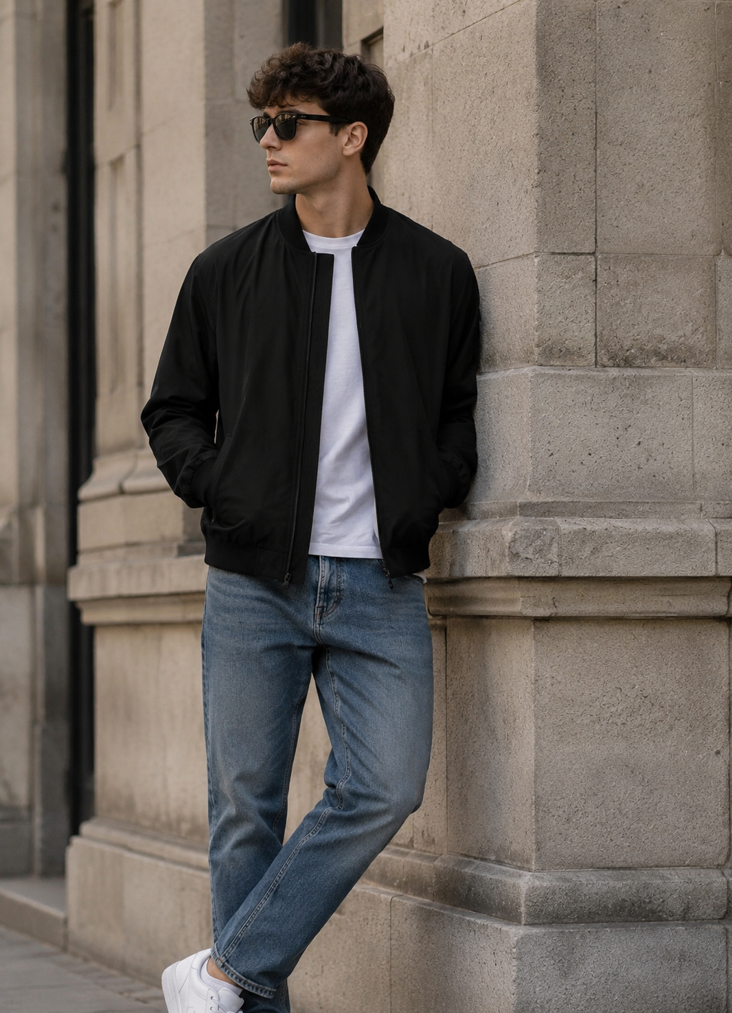 minimalist black bomber jacket — ribbed collar, ribbed cuffs, ribbed hem, full zip closure, side pockets