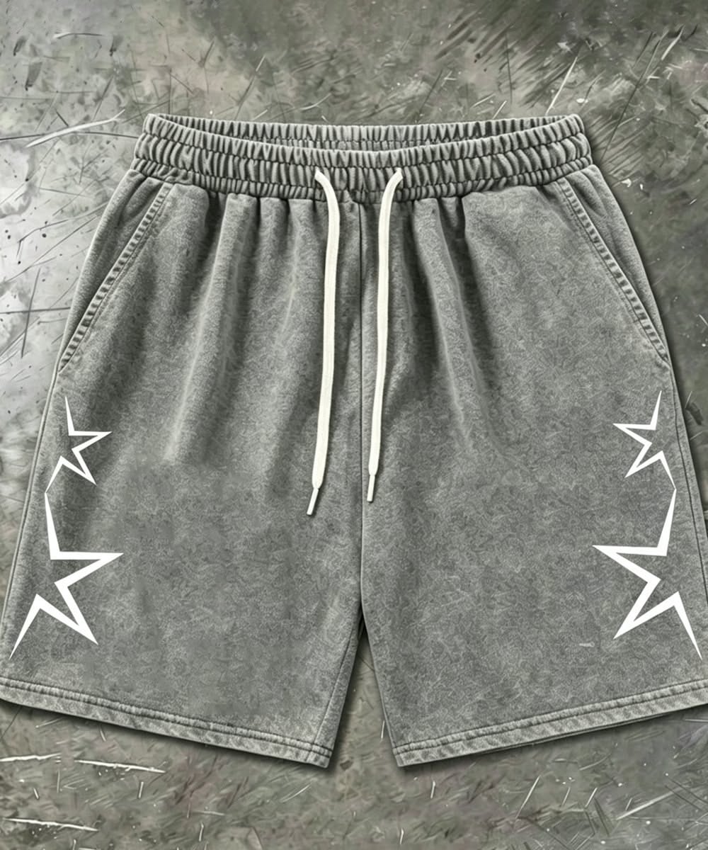 Streetwear Washed Grey Casual Shorts — Elastic Waistband, White