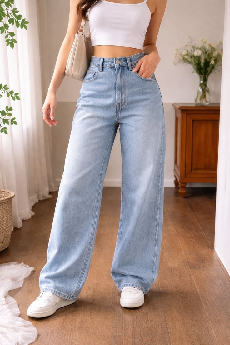 casual light wash blue wide leg jeans — classic five-pocket style, belt loops, button and zip fly closure