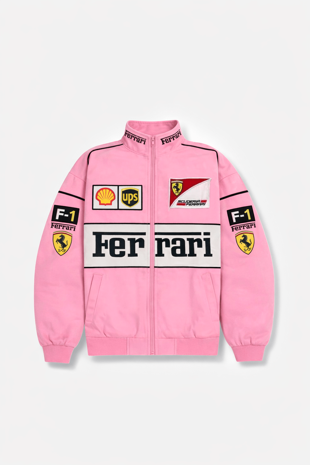 Ferrari pink racing jacket — full zip closure, stand collar, ribbed cuffs and hem, embroidered sponsor logos, 'Ferrari' text across chest