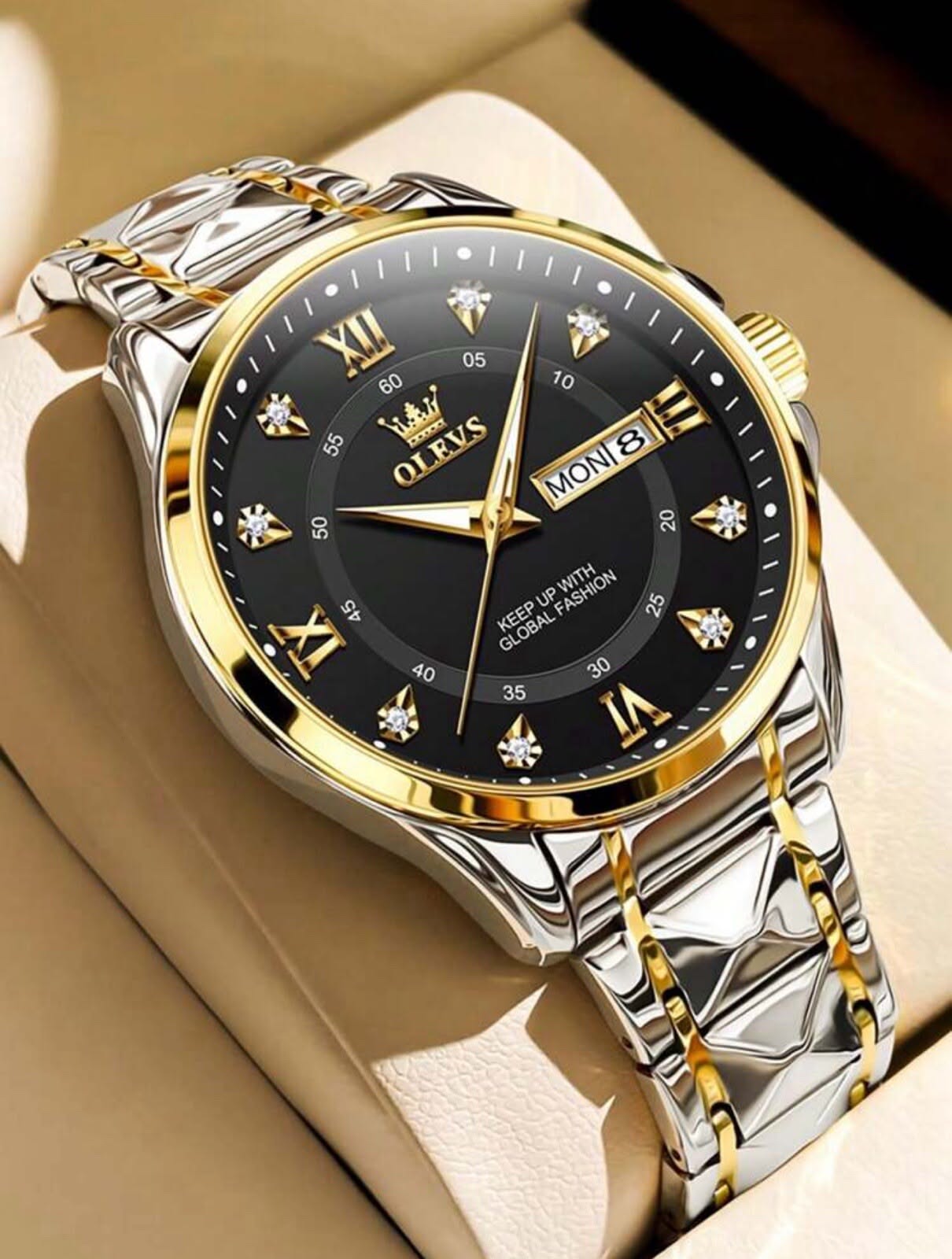 OLEVS Two-tone Silver and Gold Wristwatch — Black Dial, Gold Bezel