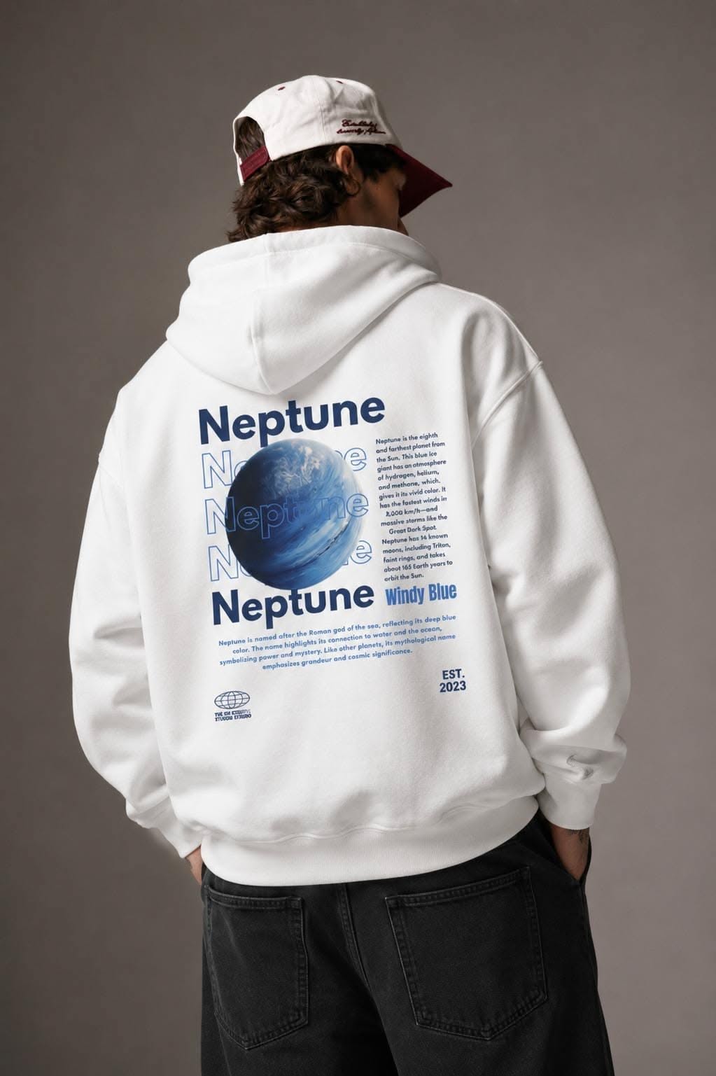 Casual White Hoodie — Neptune Planet Graphic Print, 'neptune' Text