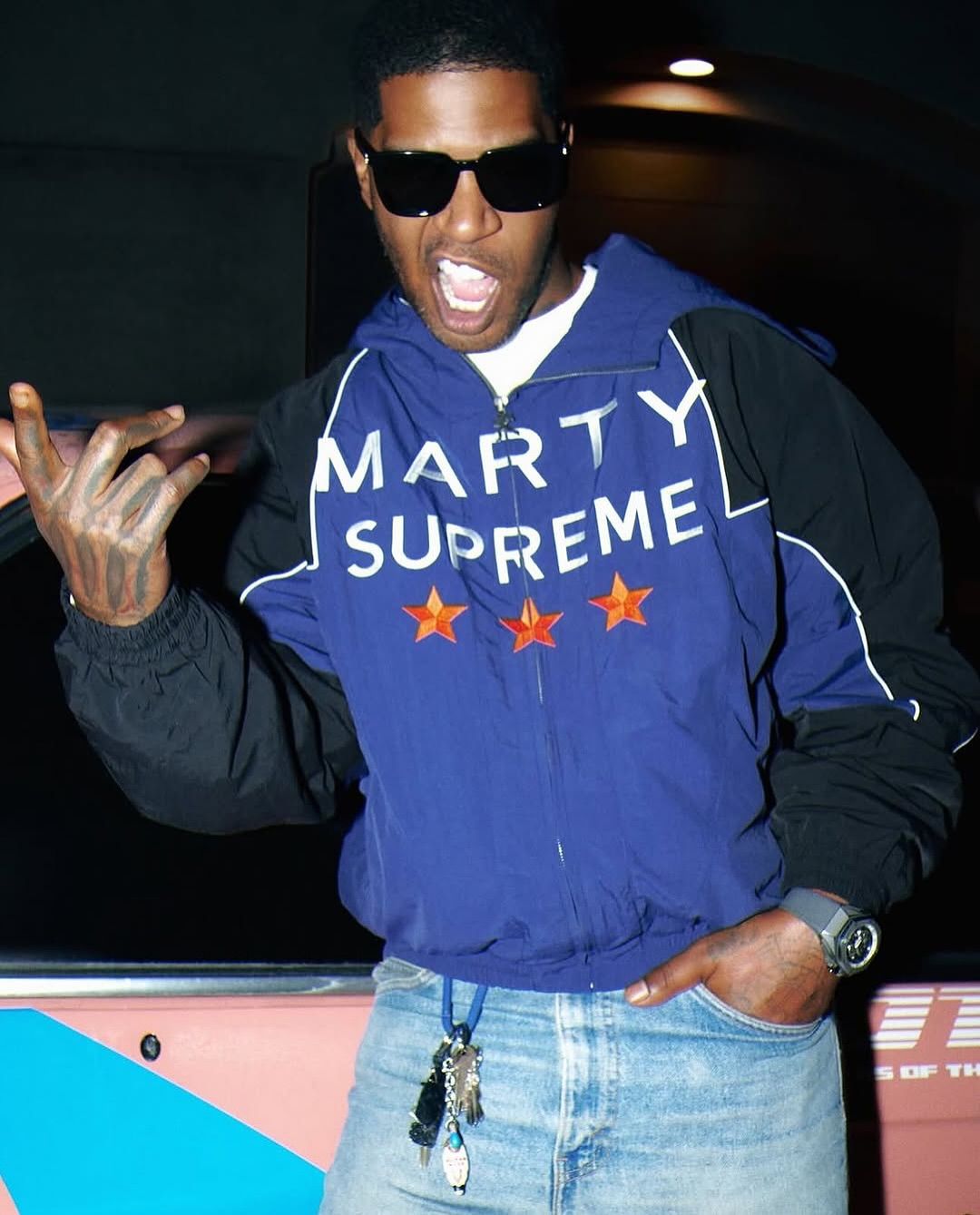 Kid Cudi Blue and Black Windbreaker Jacket — MARTY SUPREME Text Print