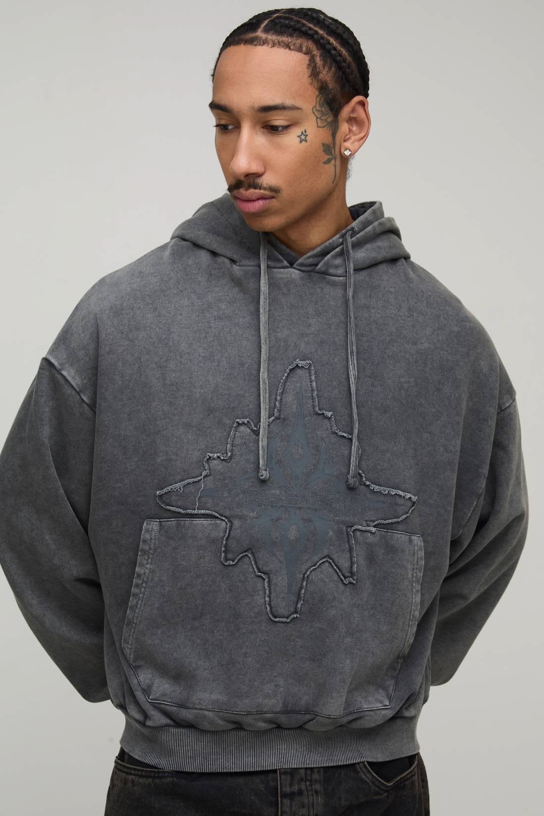 Streetwear Washed Charcoal Grey Hoodie — Distressed Star-shaped