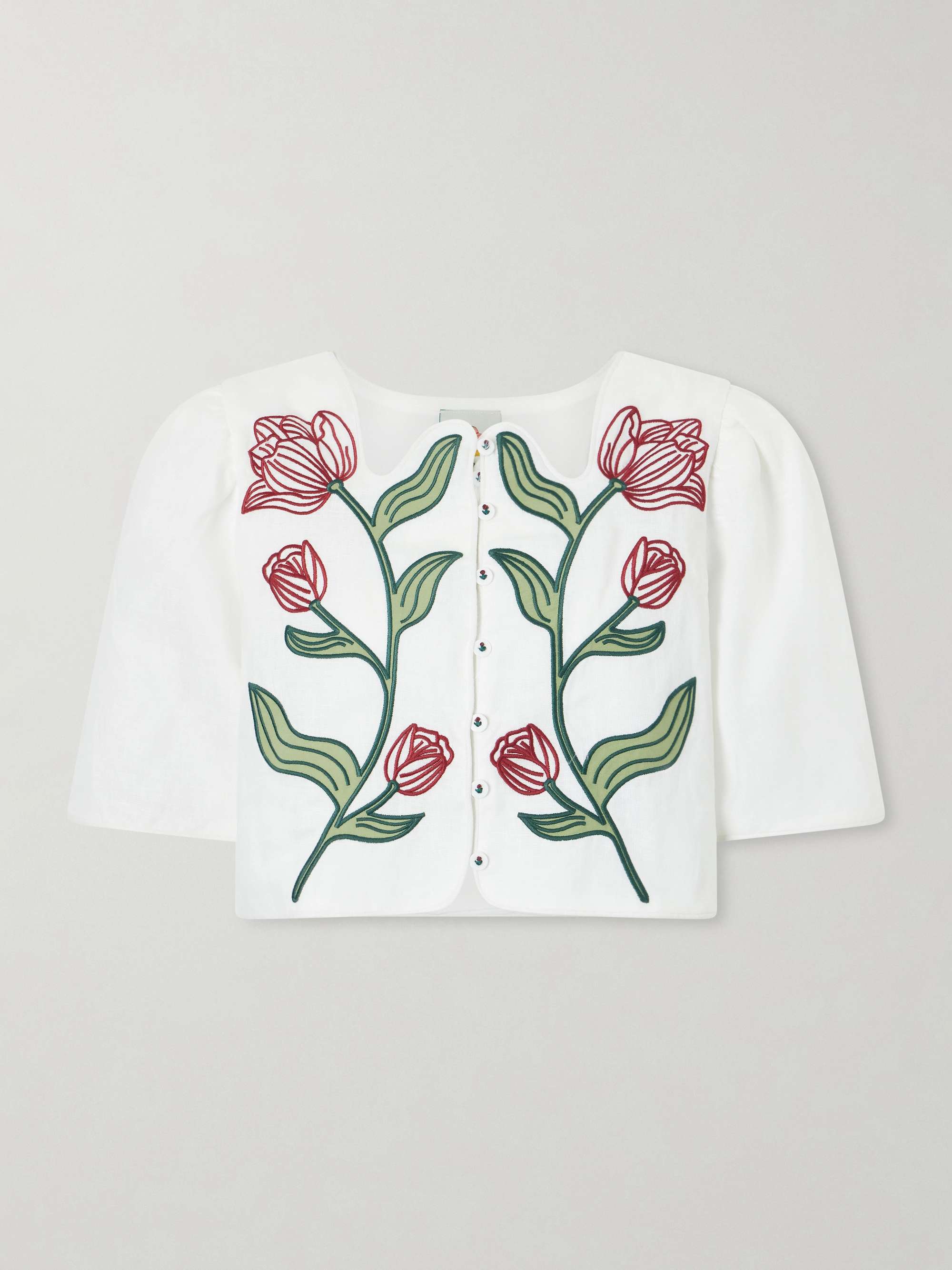 FARM RIO Floral-embroidered cropped linen top
