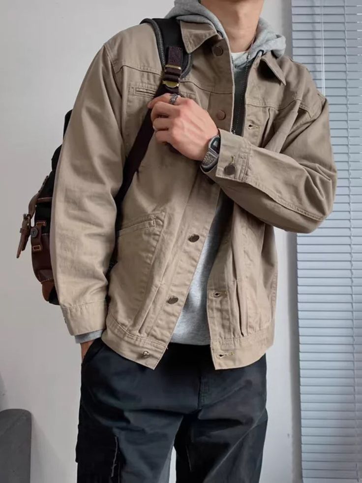 Streetwear Khaki Brown Utility Jacket — Button-up Front, Point