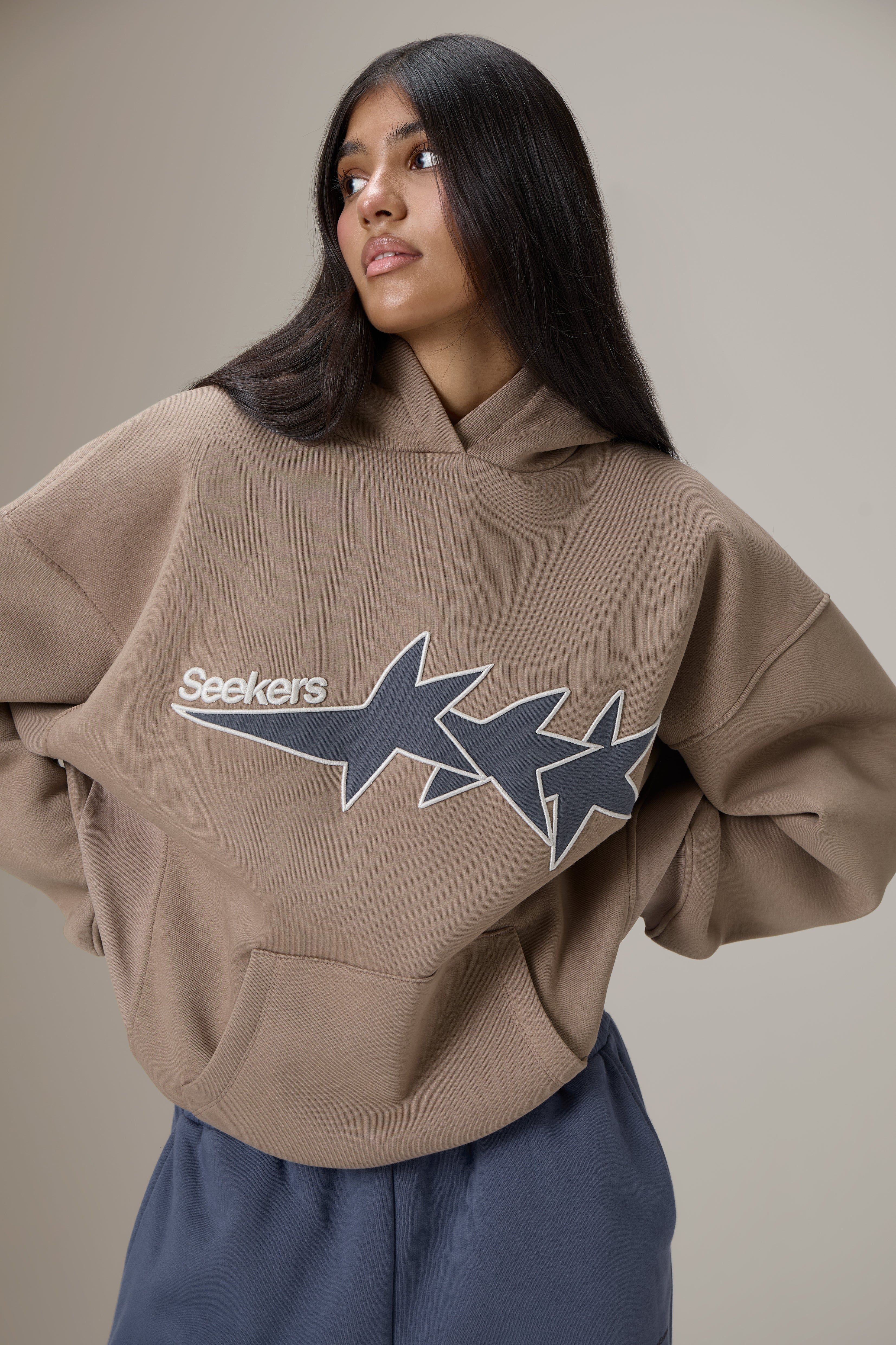 Seekers taupe brown hoodie — drawstring hood, kangaroo pocket, embroidered graphic, drop shoulders