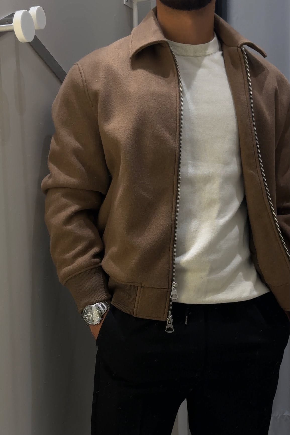 casual brown bomber jacket — silver zipper closure, shirt collar, ribbed cuffs and hem, two front zipper pulls