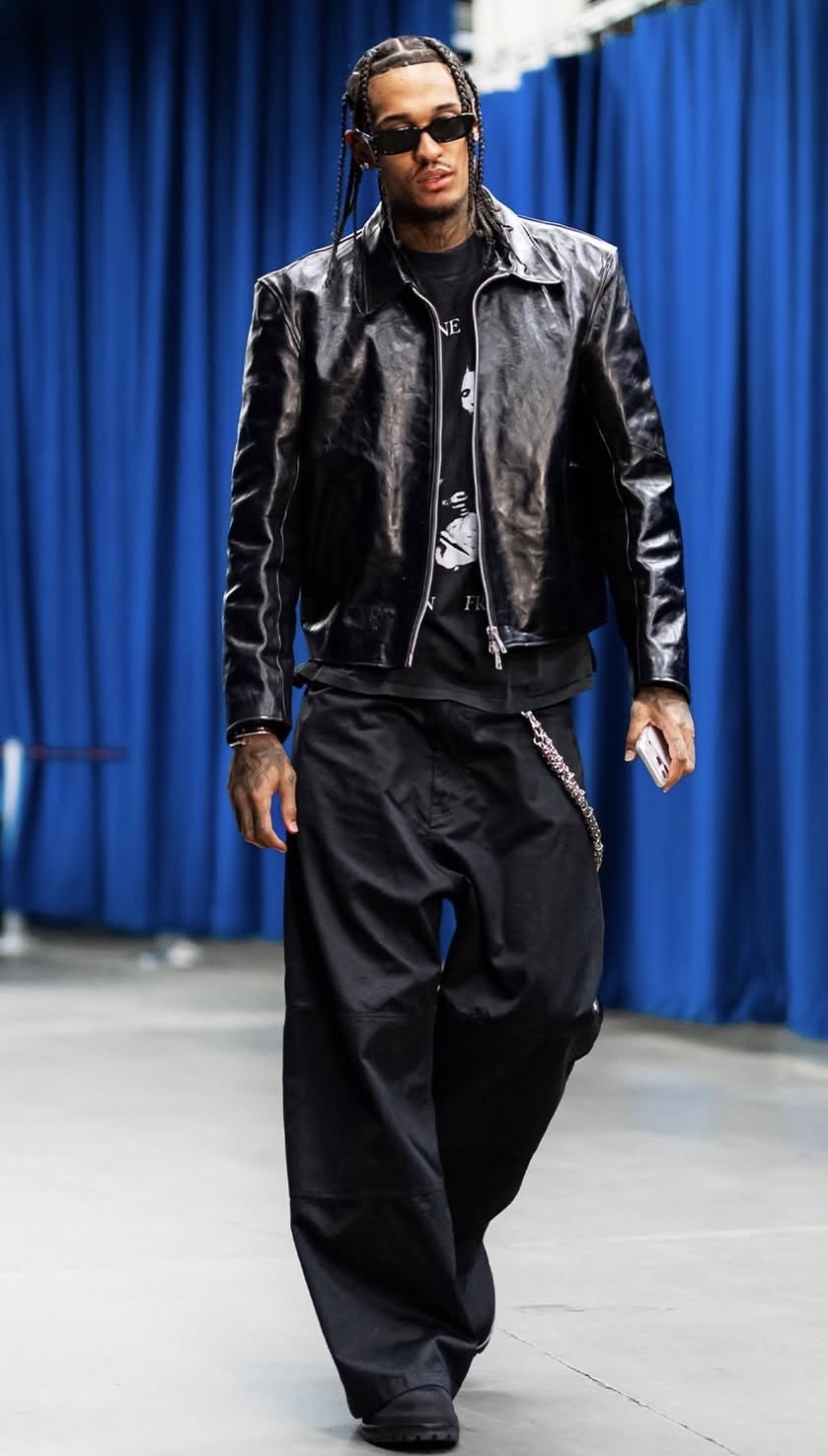 Jordan Clarkson Black Leather Jacket — Pointed Collar, Full Zip Front