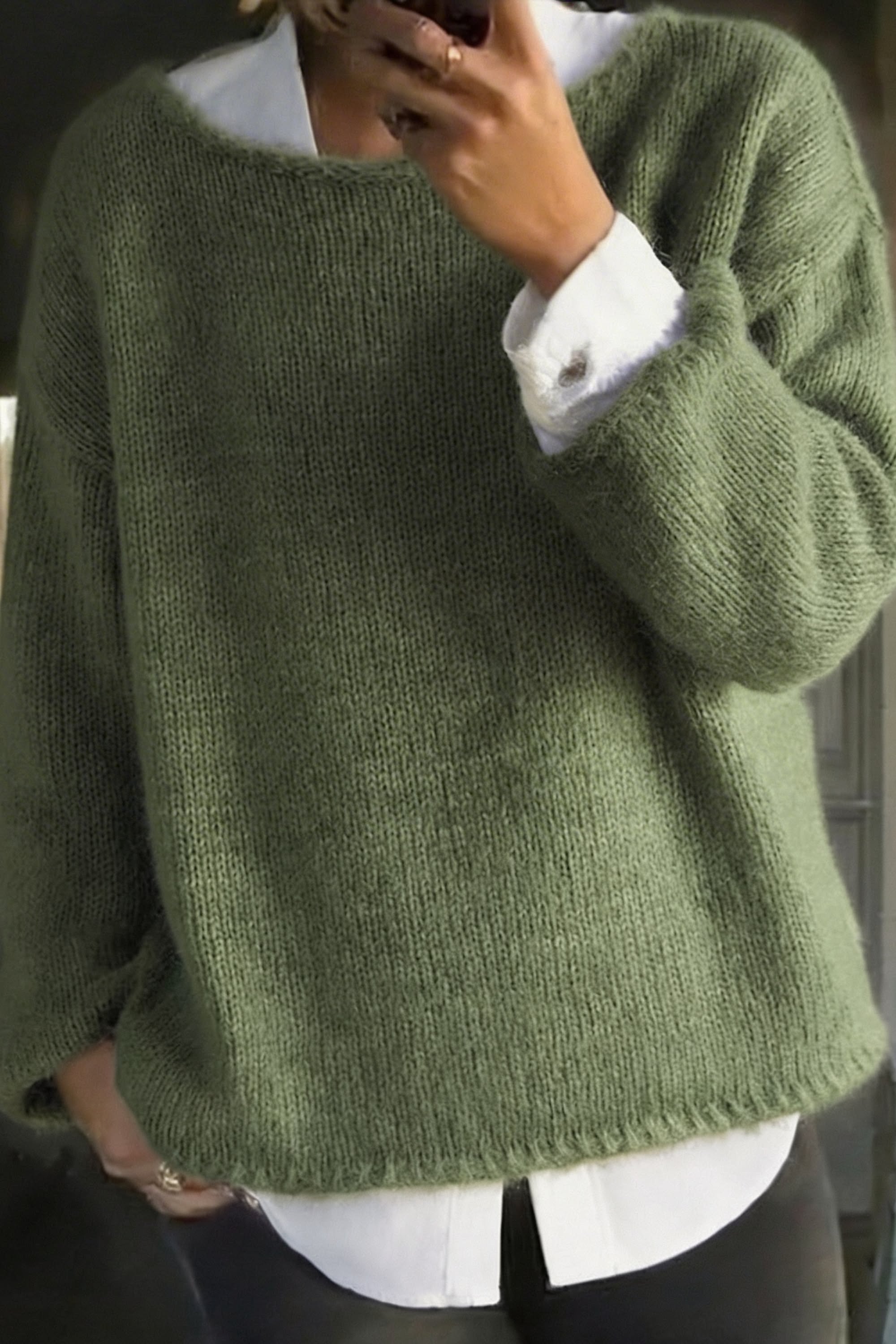 Minimalist Olive Green Pullover Sweater — Wide Scoop Neckline, Ribbed