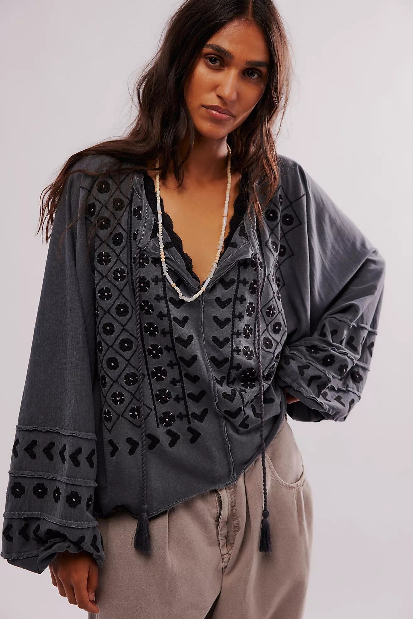 Free People Charcoal Grey Peasant Blouse — V-neckline with Tassel