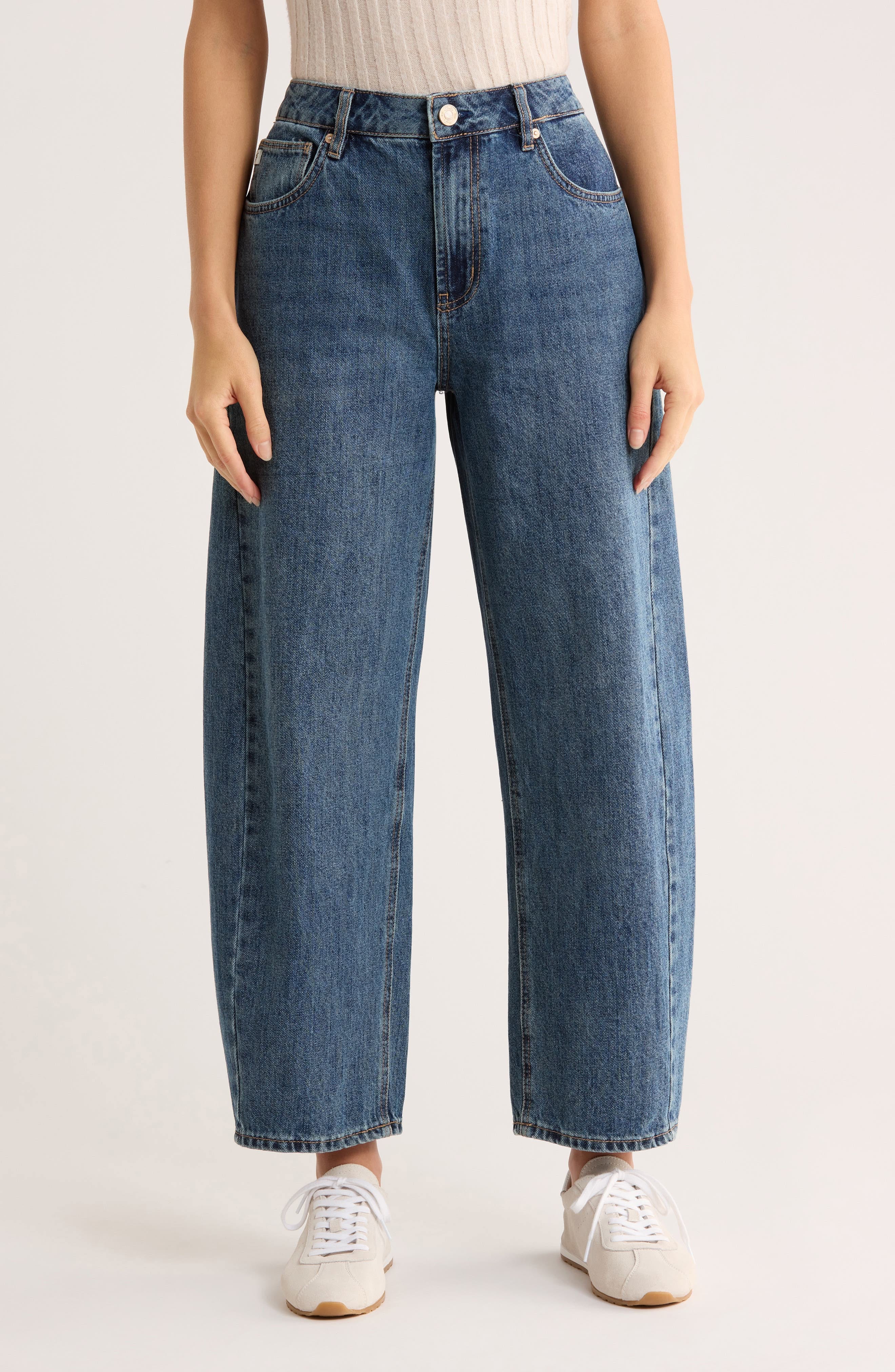 casual medium wash blue barrel jeans — five-pocket style, button fly, belt loops, subtle whiskering, visible seams