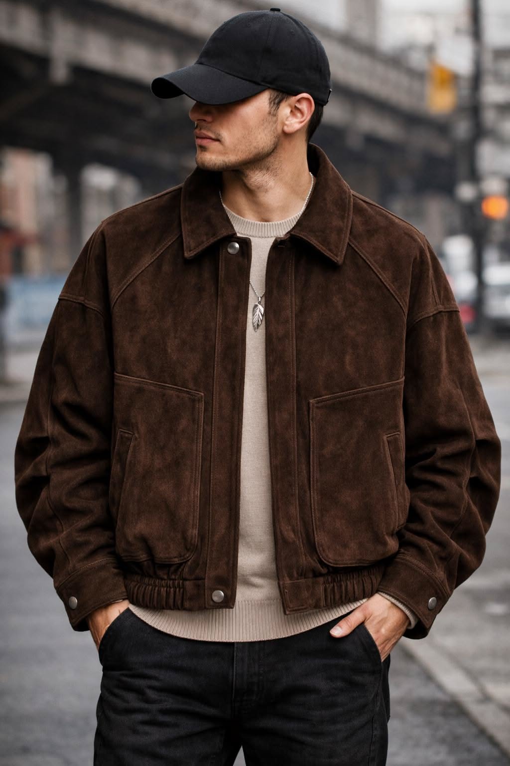 casual dark brown bomber jacket — point collar, full zip closure, flap patch pockets, elasticized hem and cuffs, dropped shoulders, contrast stitching