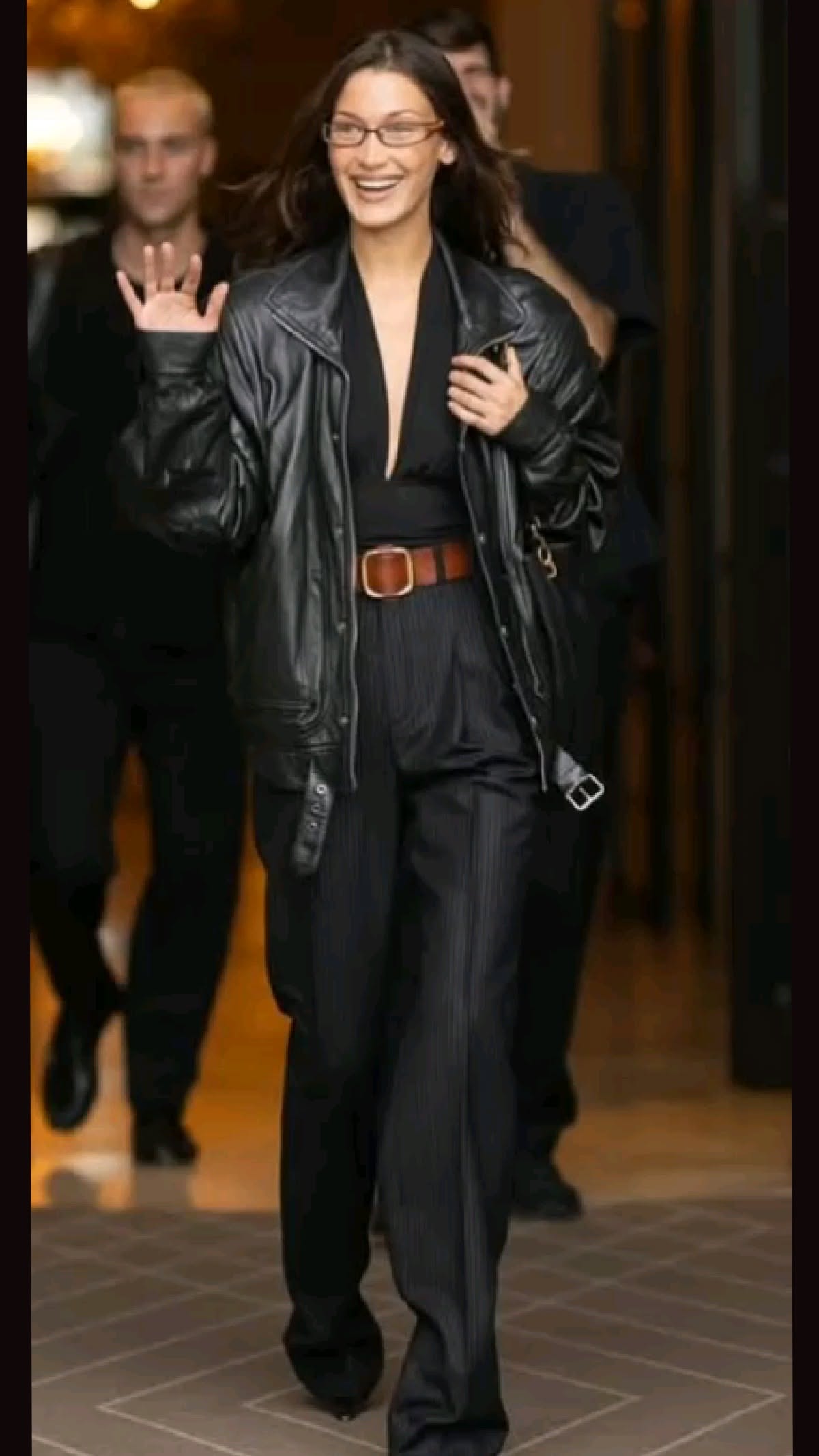 Bella Hadid Black Leather Bomber Jacket — Collared, Front Zip