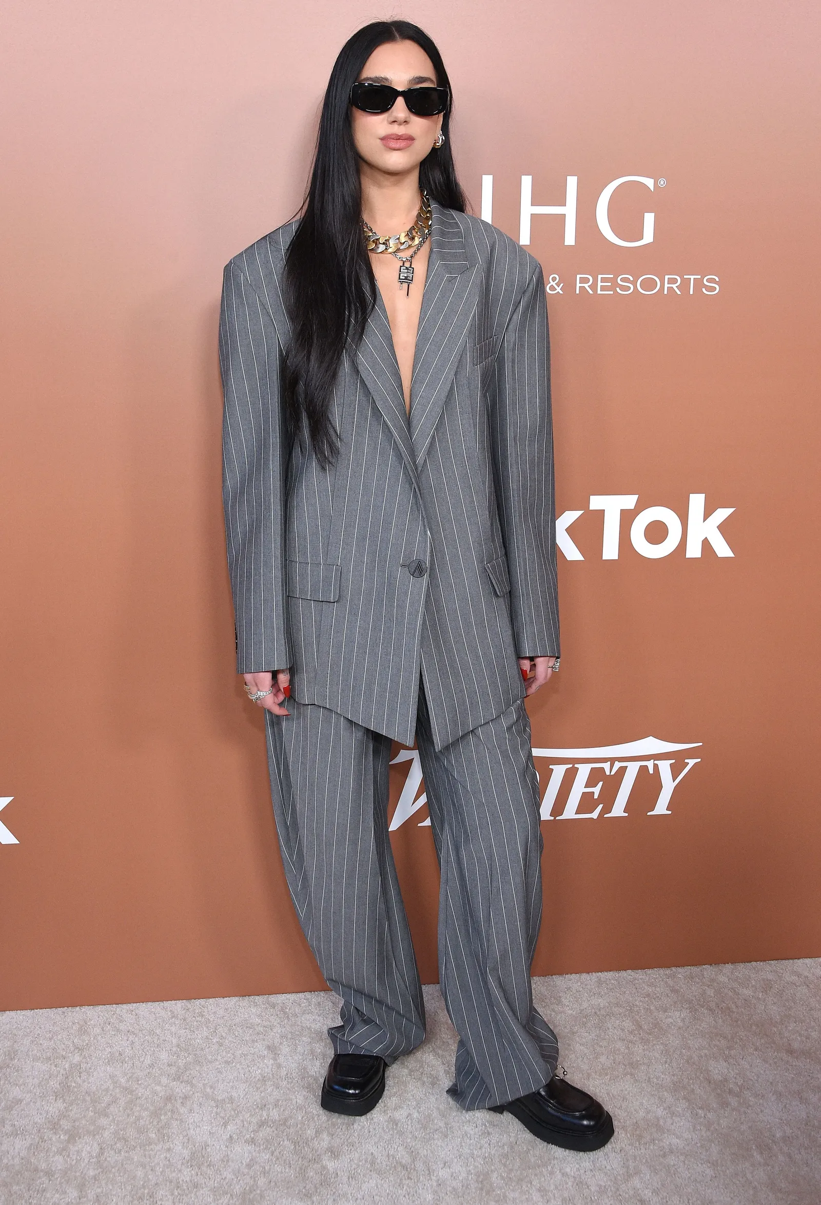 Dua Lipa Grey Pinstripe Pantsuit — Oversized Blazer