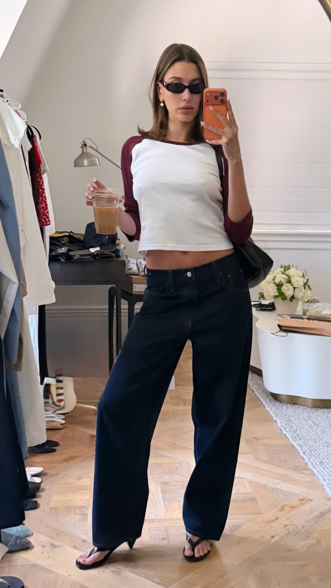 Hailey Bieber White and Burgundy Raglan T-shirt — Baseball Tee Style