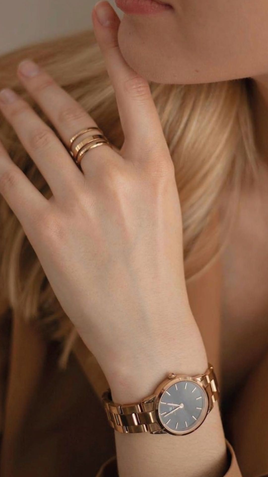 minimalist rose gold watch — round case, link bracelet, dark grey dial, stick hour markers, two-hand movement
