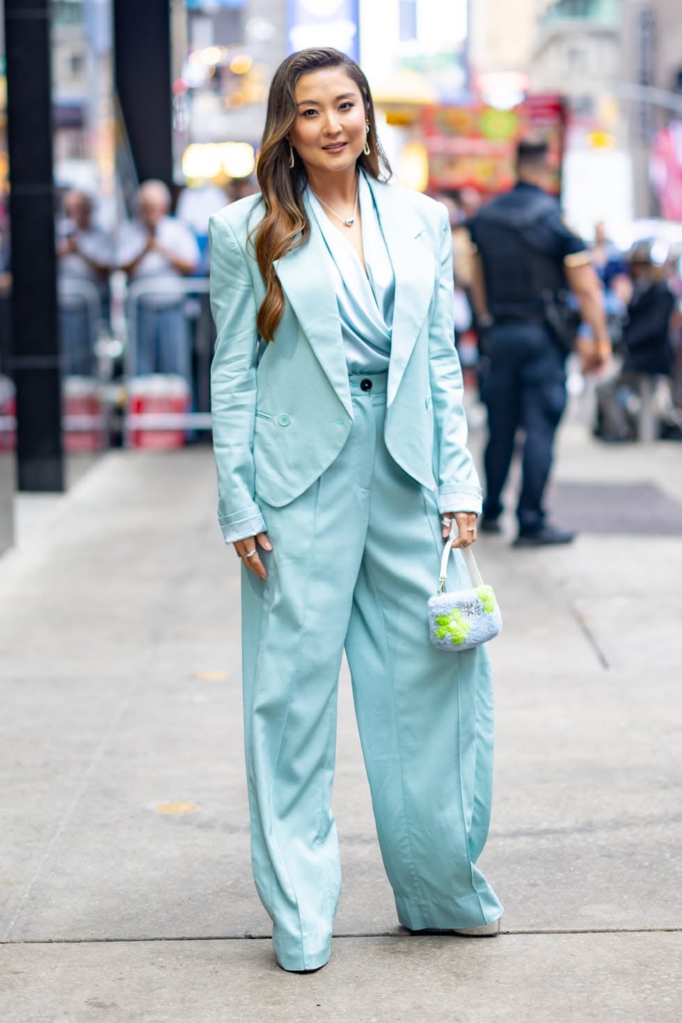 Ashley Park Light Blue Pantsuit — Single-breasted Blazer, Peaked