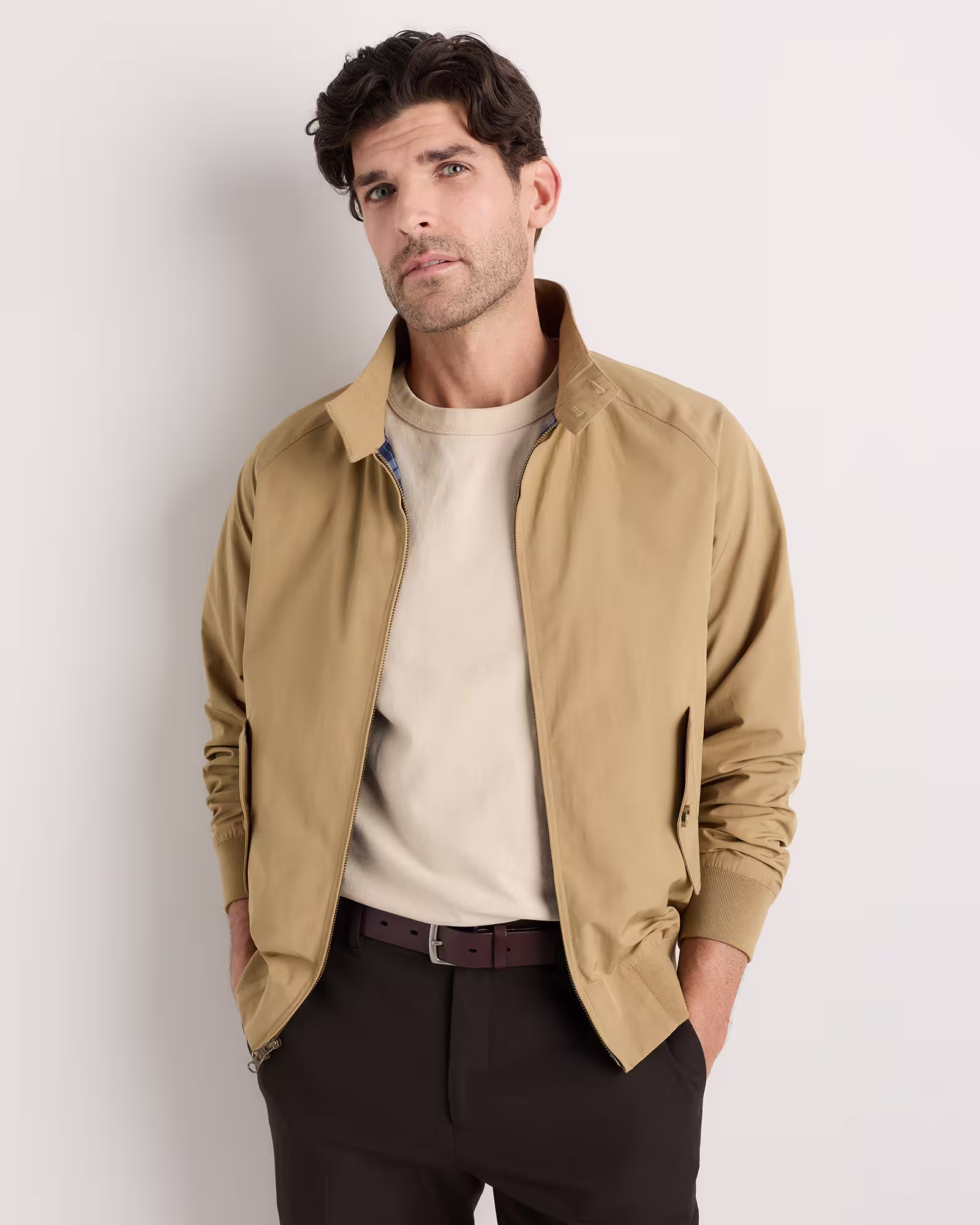 Classic Casual Camel Tan Harrington Jacket — Stand Collar with Button