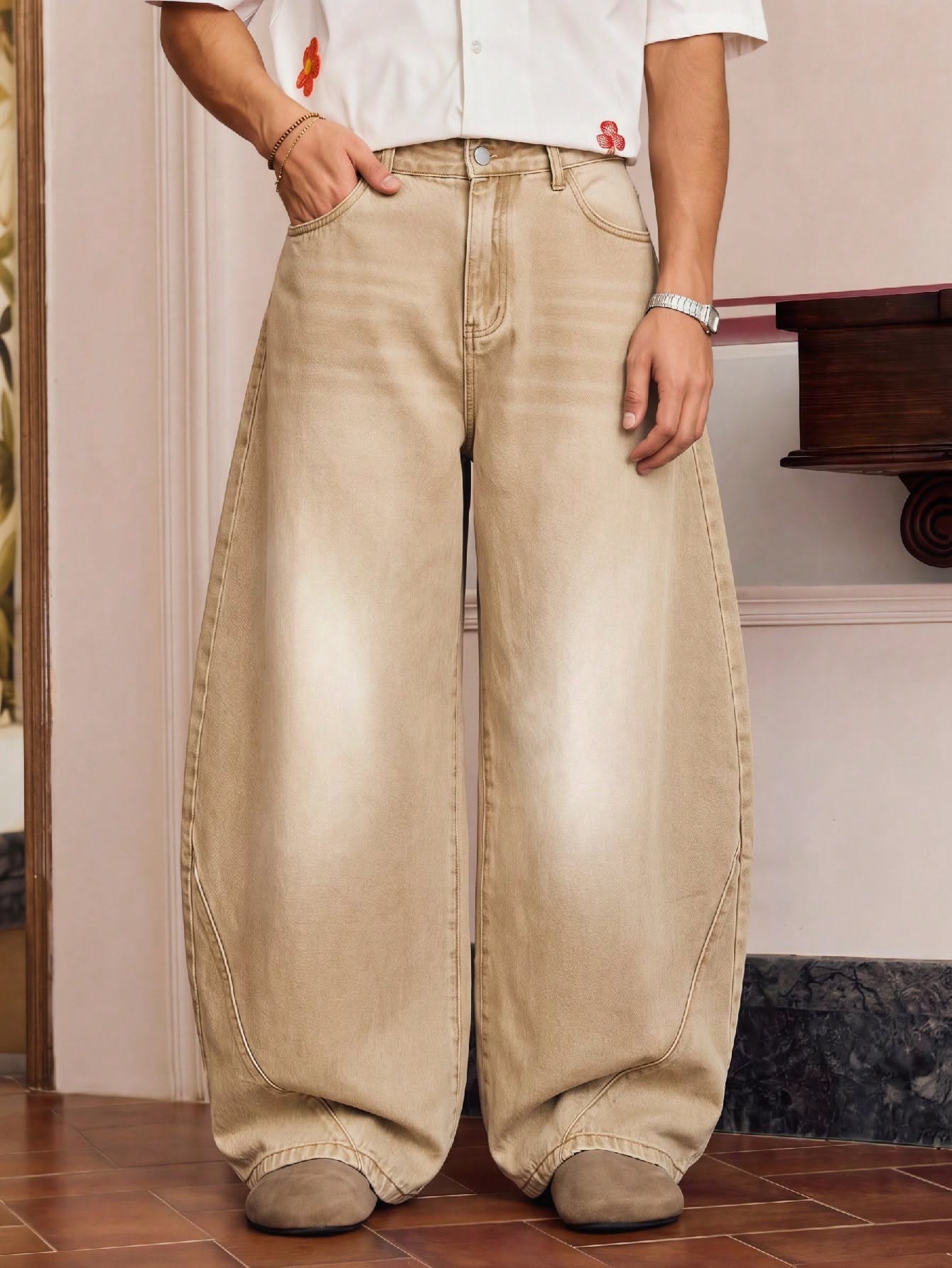 Casual Light Brown Jeans — Front Pockets, Belt Loops, Button