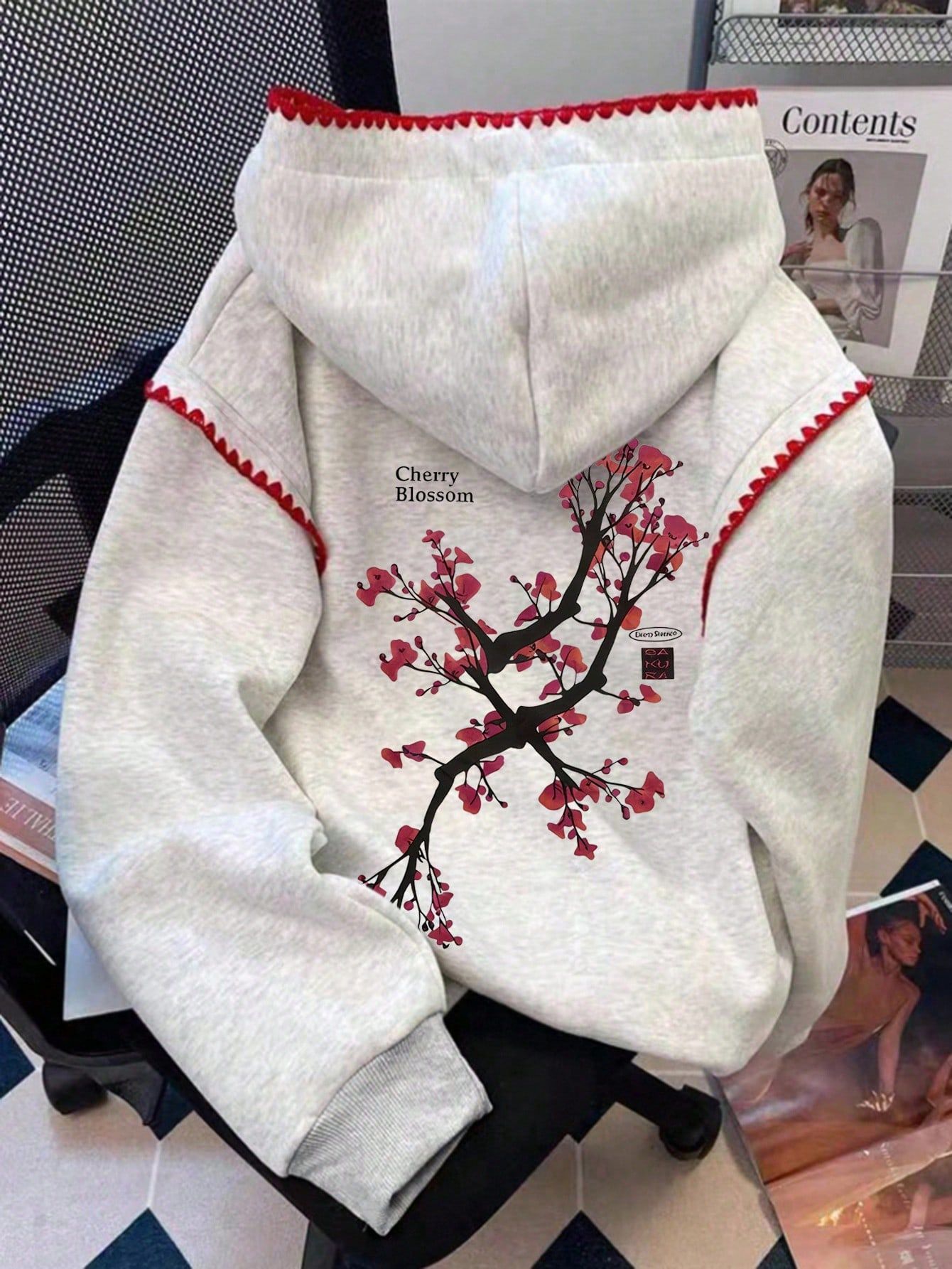 Casual Light Grey Heather Hoodie — Red Crochet or Scalloped Trim