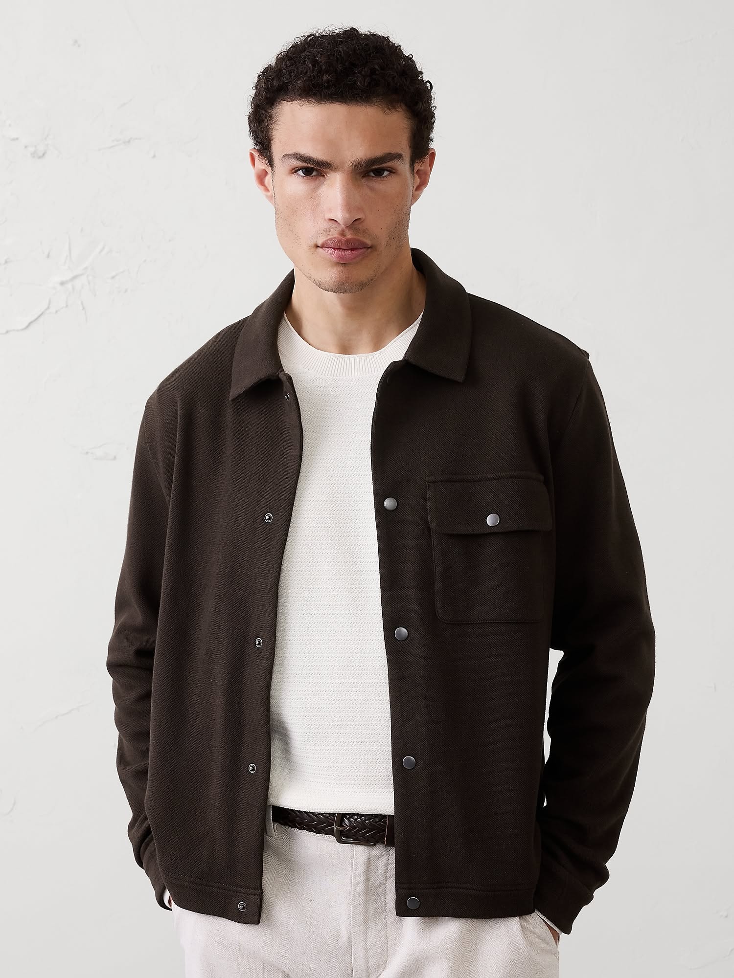 Casual Dark Chocolate Brown Shirt Jacket — Pointed Collar, Snap