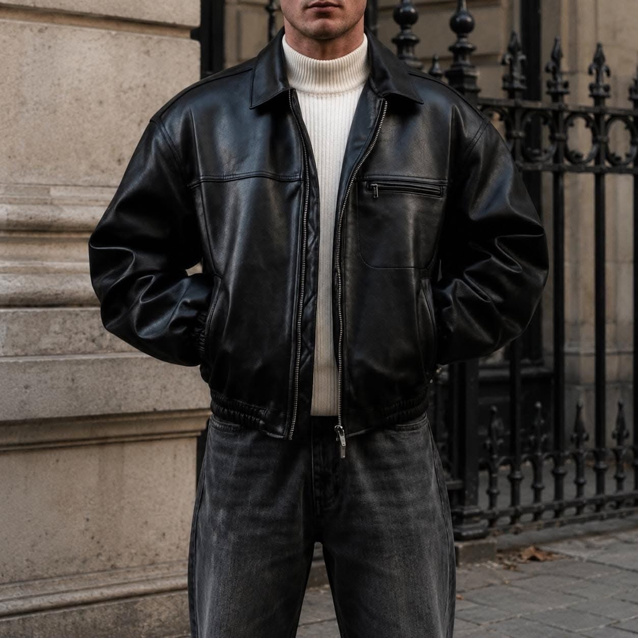 Streetwear Black Bomber Jacket — Full Zip Closure, Point Collar