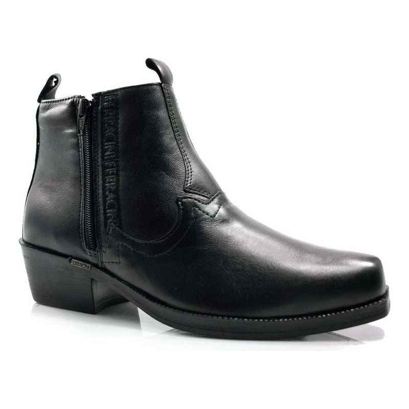 Ferracini black ankle boots — side zipper closure, pull tab, Cuban heel, square toe, decorative stitching on vamp
