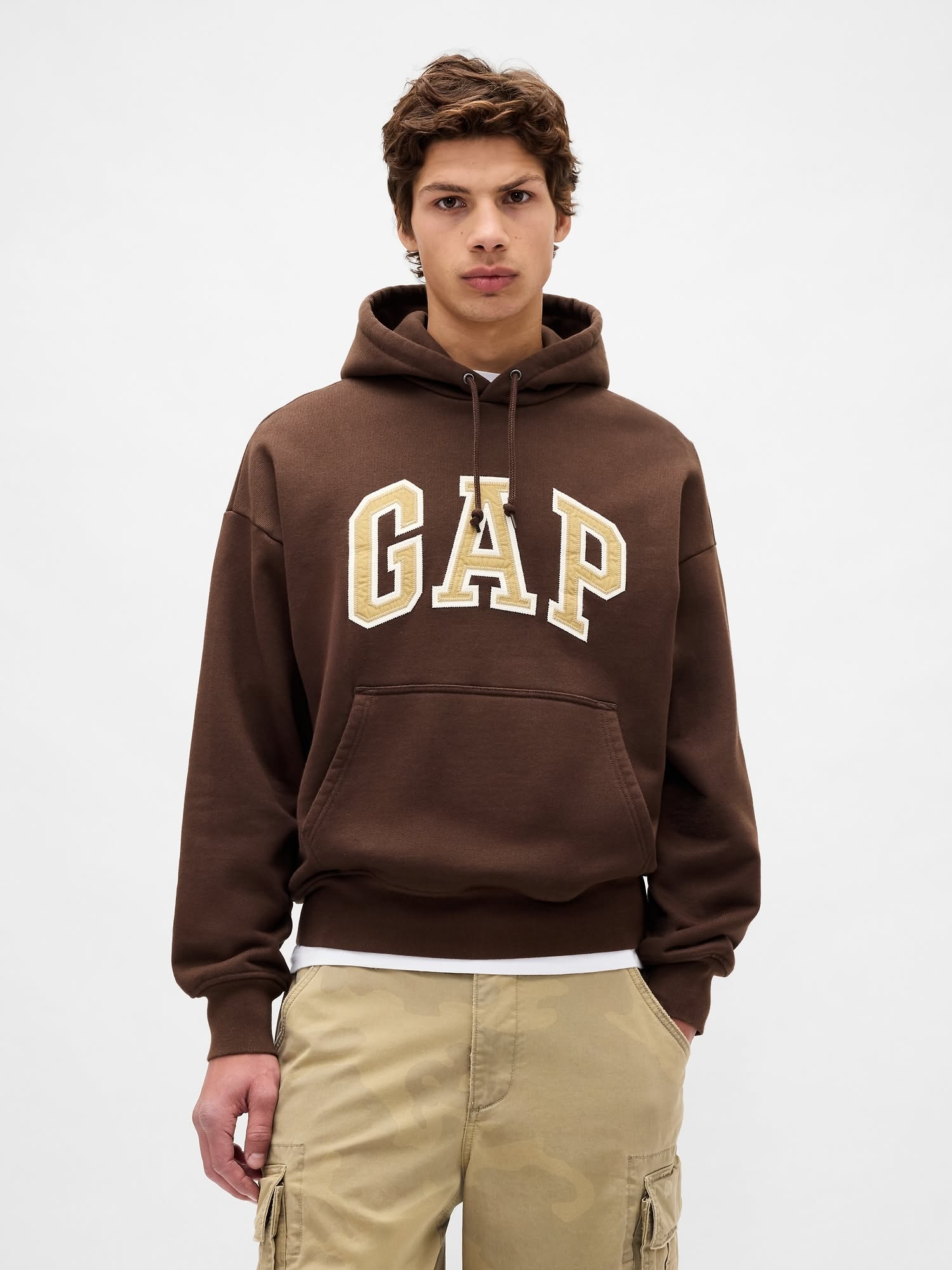 Gap dark brown hoodie — drawstring hood, kangaroo pocket, ribbed cuffs and hem, embroidered logo