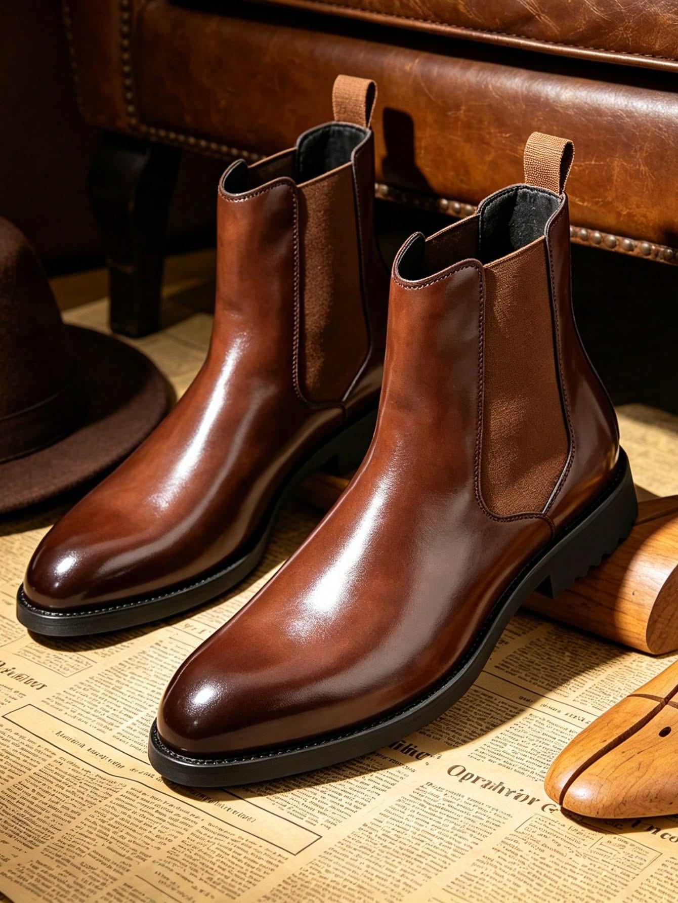Classic Brown Leather Chelsea Boots — Elastic Side Panels, Pull Tabs