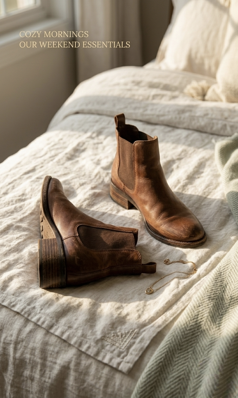 casual distressed brown Chelsea boots — elastic side panels, pull tab, low stacked heel, rounded toe