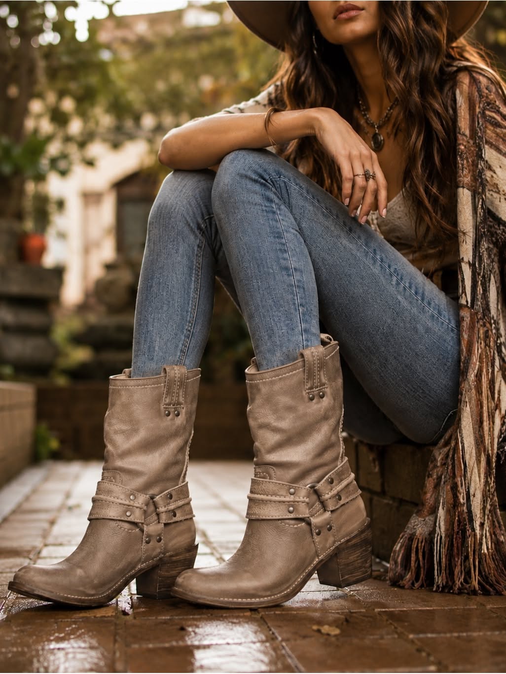 Frye Taupe Distressed Short Boots — Harness Strap with Metal Rings