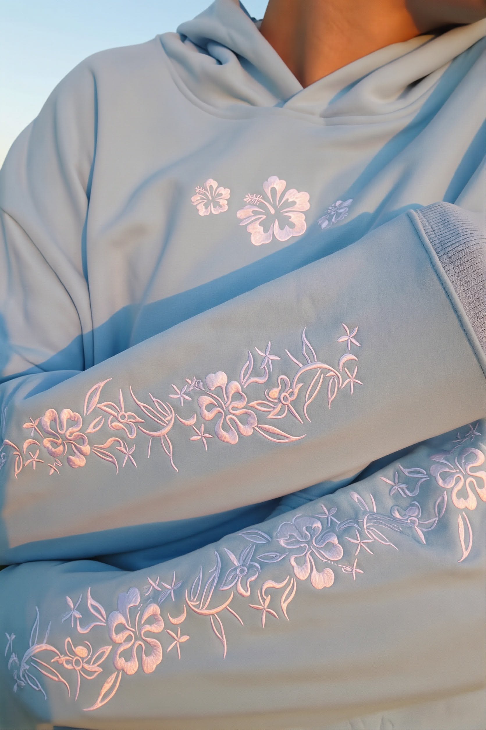 Casual Light Blue Pullover Hoodie — Embroidered Hibiscus Flowers